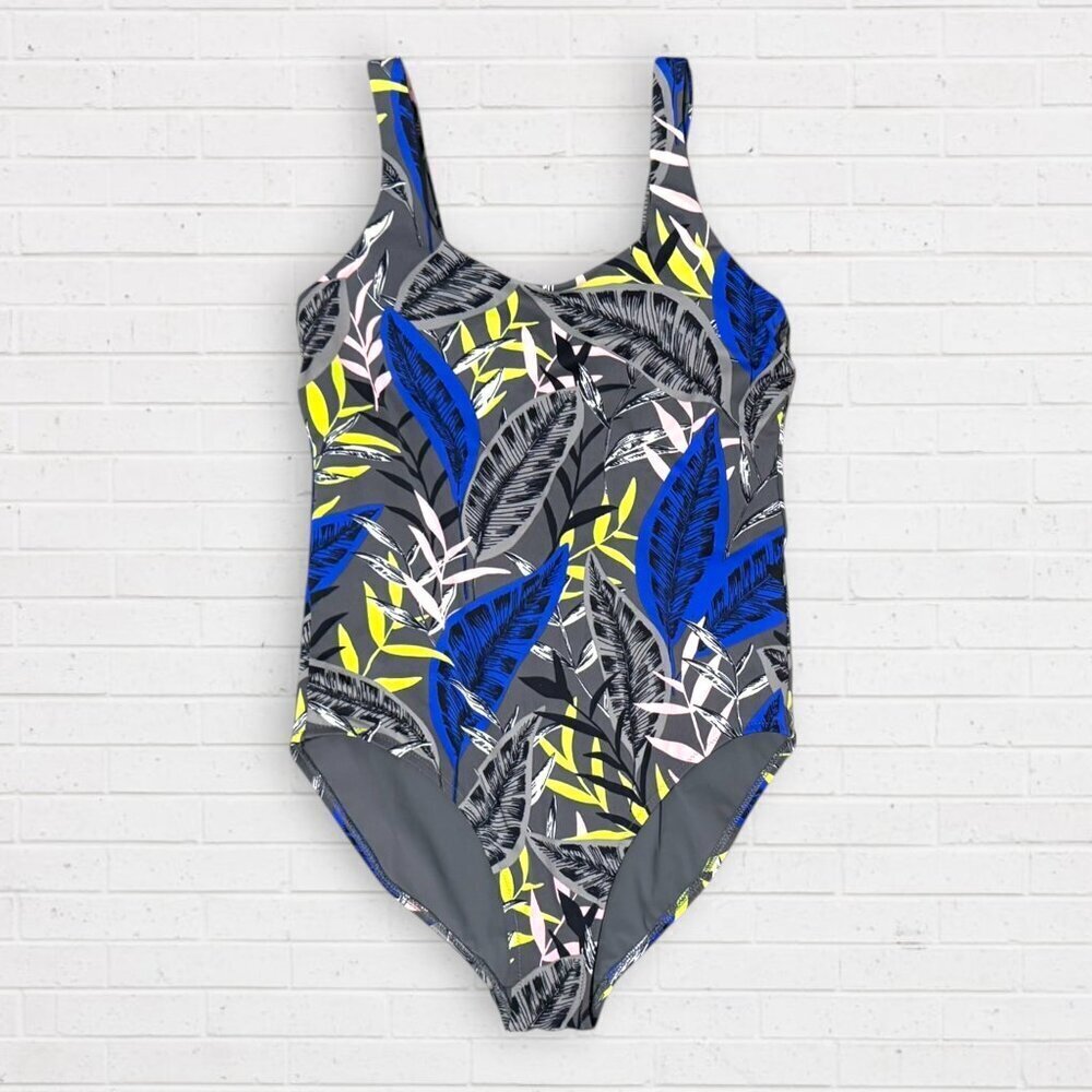ATHLETA Midnight Palm Scoop Back 1-PC One Piece Swimsuit Blue Gray Pink